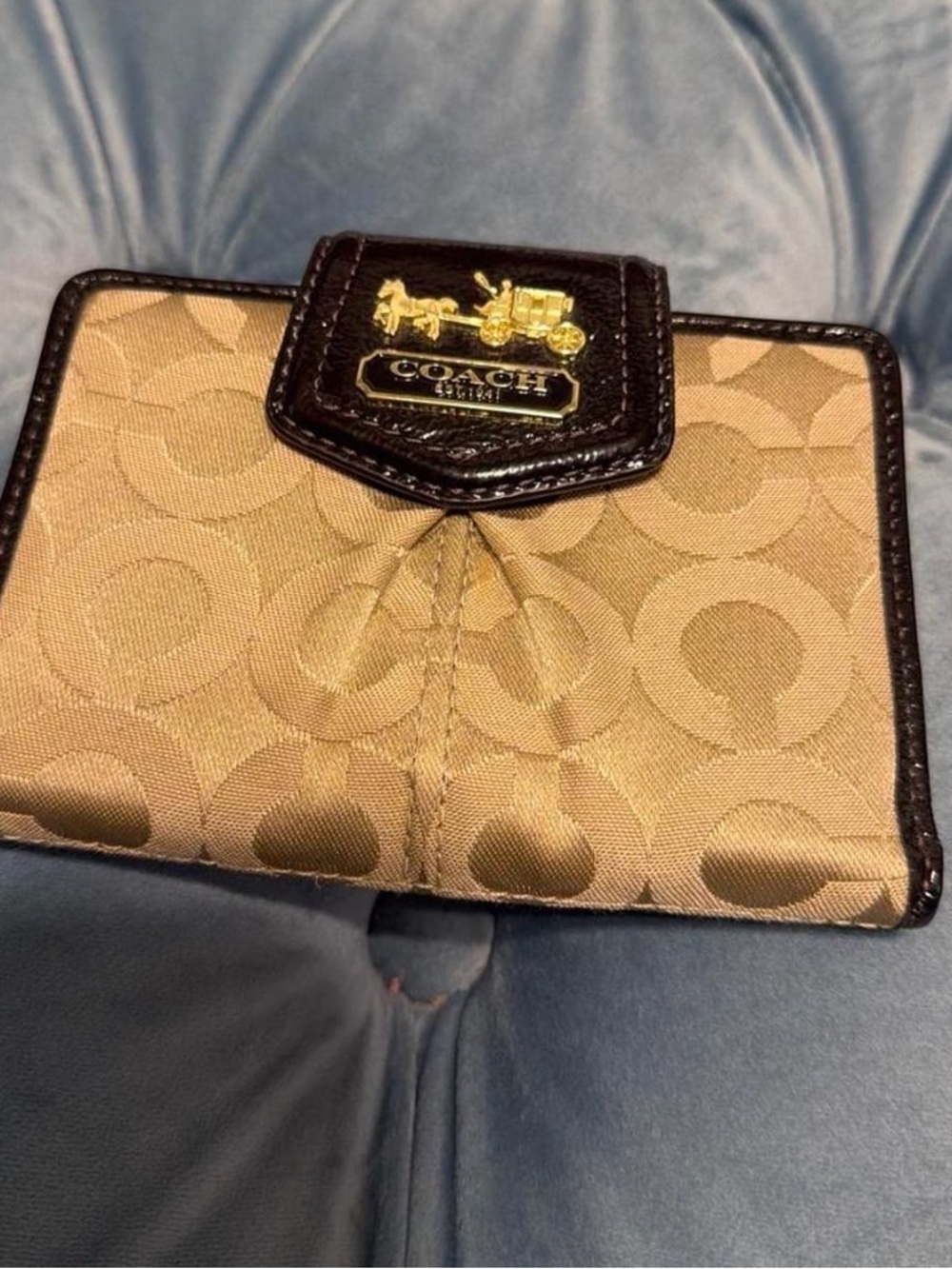 Coach Tan Signature Canvas Wallet with Dark Brown Trim and Gold Plaque